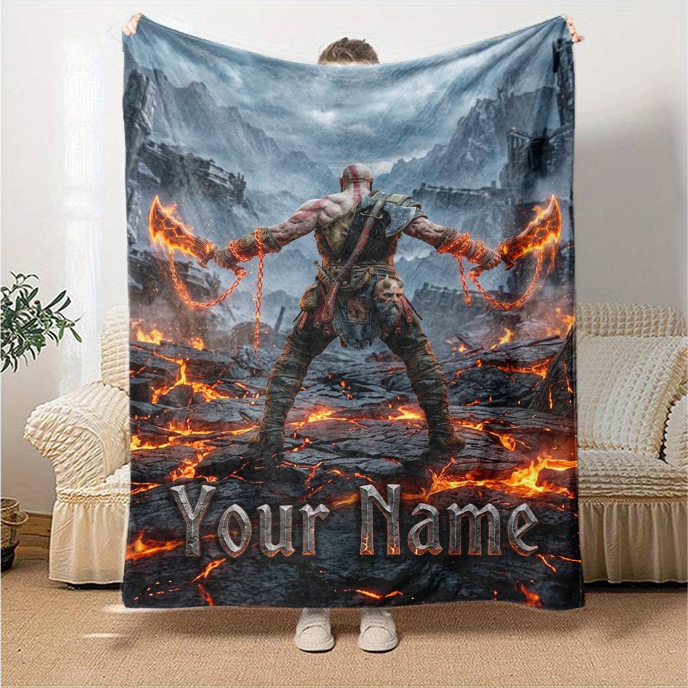 Name Custom Kratos God of War Print Flannel Blanket High Quality Warm Comfortable Cover for All Seasons Perfect for Gifts Home Decor