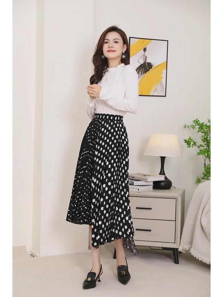 Retro Hong Kong Polka Dot Patchwork Midi Skirt: Elastic Waist, Irregular A-Line, Versatile Pleated Skirt for Women