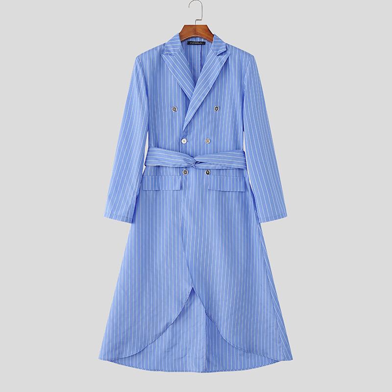 INCERUN Men Notched Lapel Long Sleeve Striped Splits Irregular Layers Long Blazer Coats