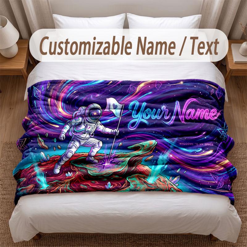 Astronaut Space Theme Soft Blanket Personalized Custom Name Text Print Warm Blanket Home Sofa Bedroom Decor