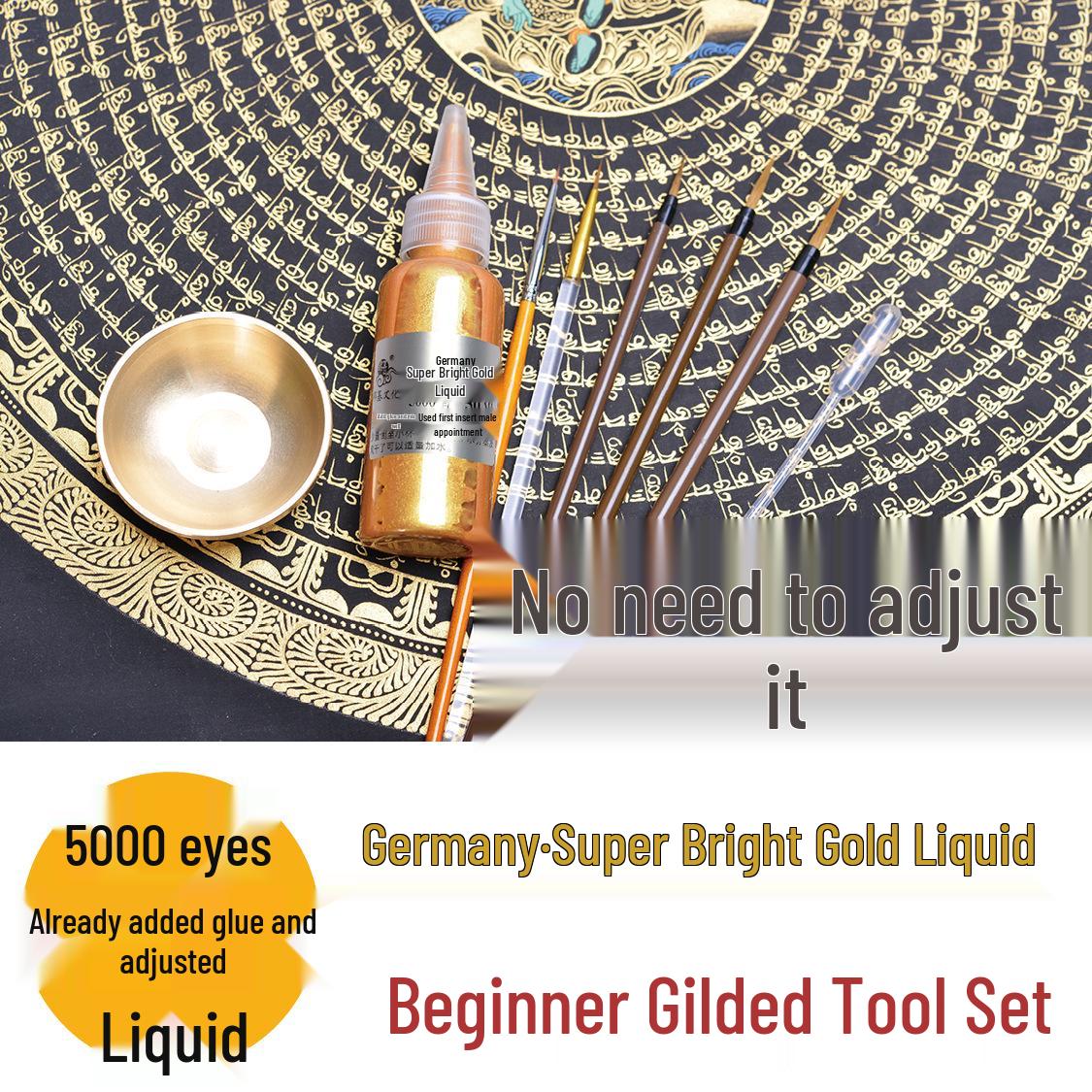 Beginner's German Super Bright Gold Liquid & Powder Gilding Set - Pre-Mixed with Glue, 5000 Mesh for Thangka.