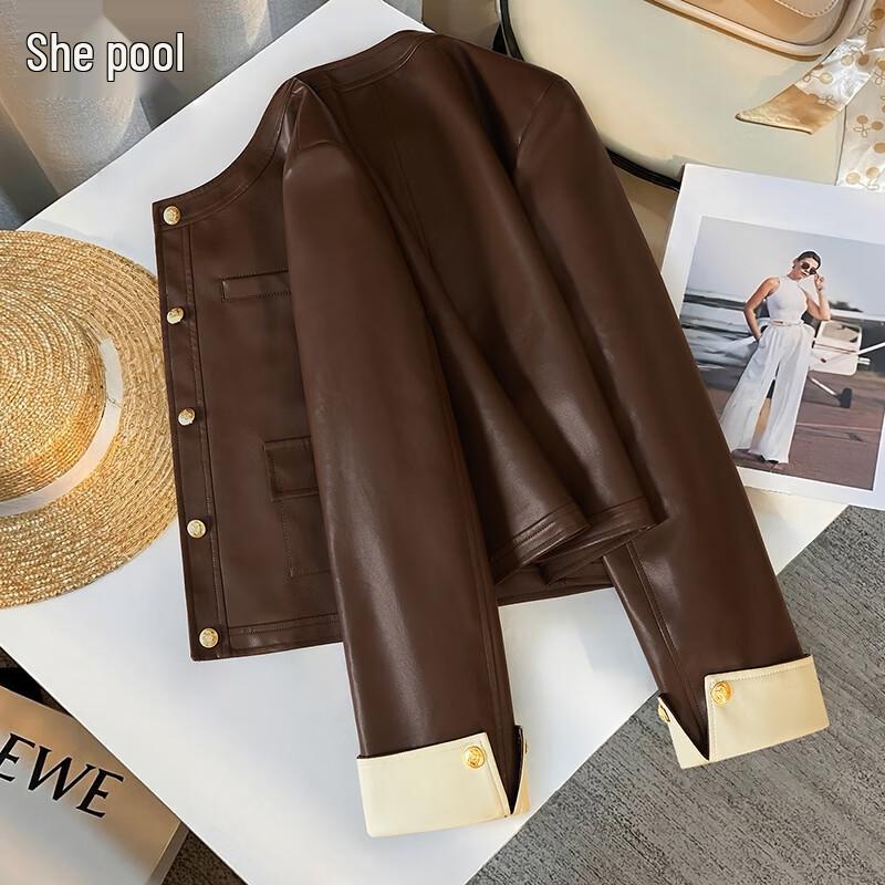 

She Pool Women s Color-block Patchwork PU Leather Jacket XL