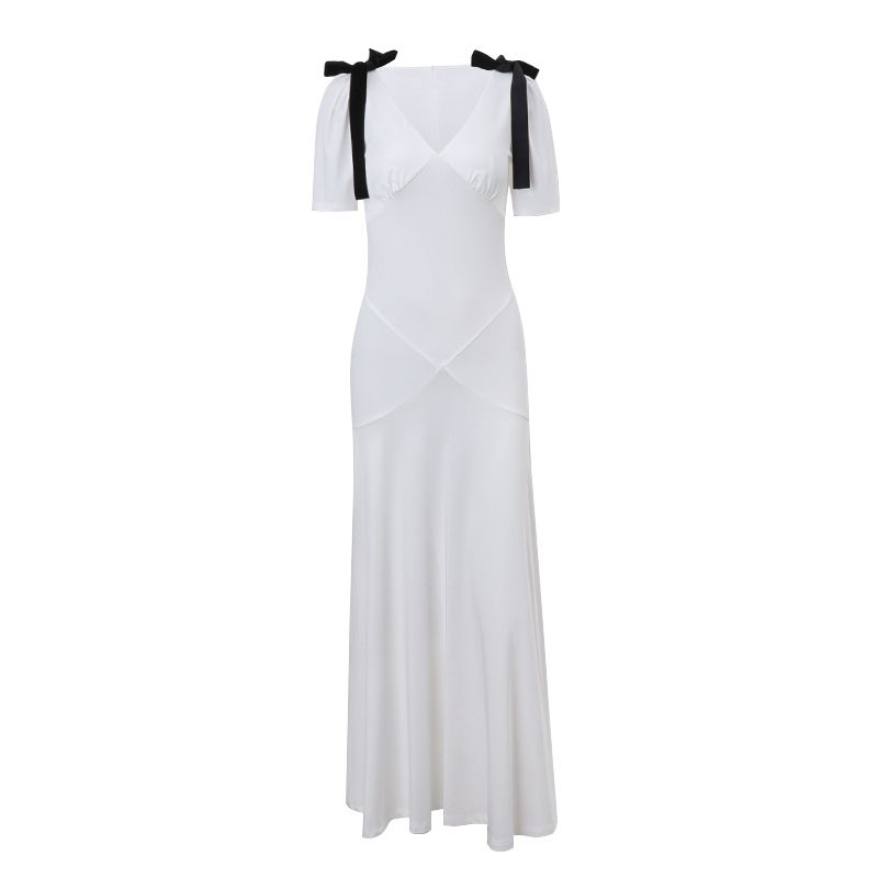 Französischer Stil Retro V-Ausschnitt Puffärmel Langes Kleid Sommer Damenkleid