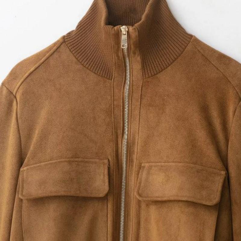 Womens Stand Collar French Style Bomber Jacket In Light Brown Ribbed Cuffs Short Length Regular Fit