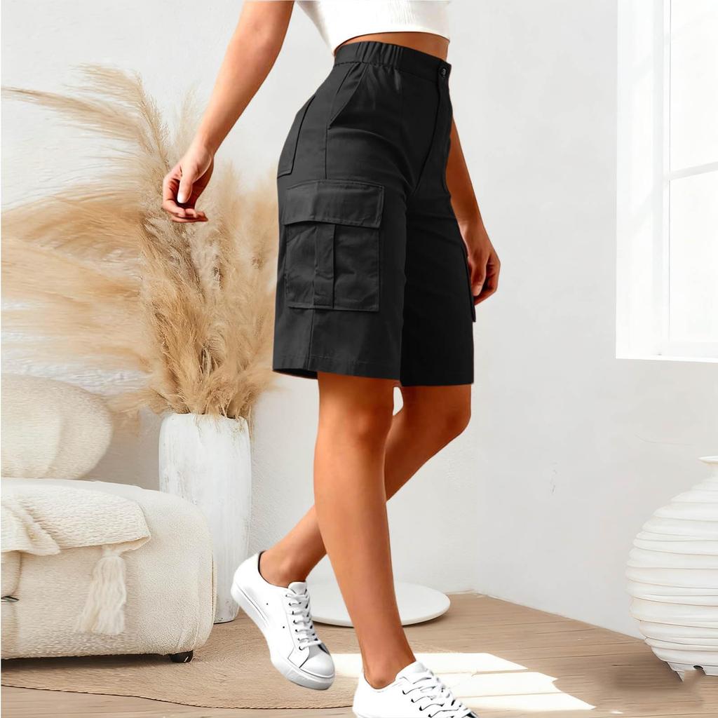Cargo Shorts For Women Knee Length Casual Shorts Elastic Waist Hiking Workout Travel Shorts