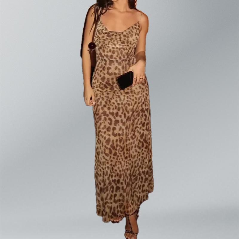 Sexy Leopard Print V-neck Backless Street Lady Style Long-length Versatile Suspender Dress Outfit for Women