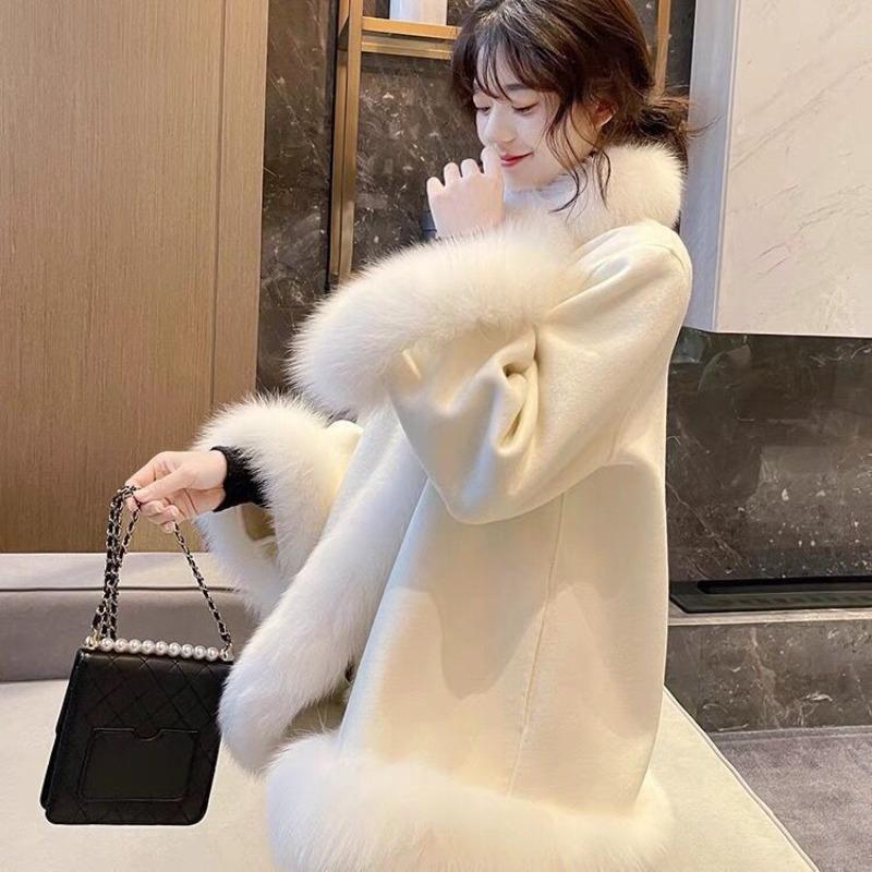 Winter Clothing Country Celebrity Style Imitation Fox Fur Medium and Long Coat Women's Wool Cloak Thickened Coat
