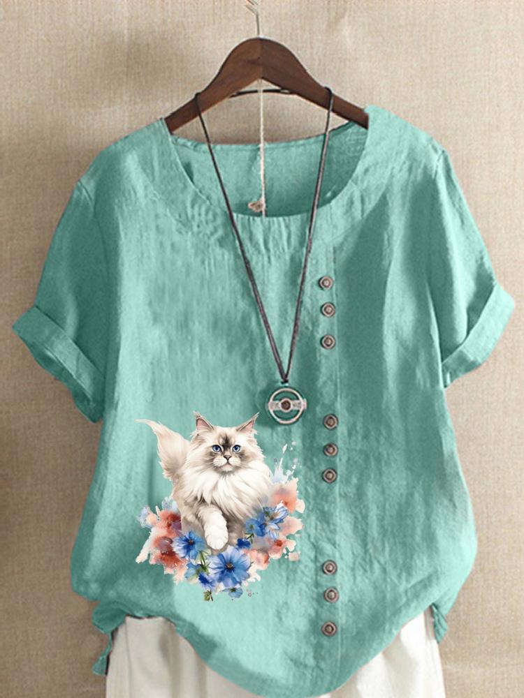 Women's Fashion Cute Cat Print Round Neck Short Sleeve T-shirt Summer Casual Cotton Linen Graphic Shirt Leisure Loose Blouse Tops