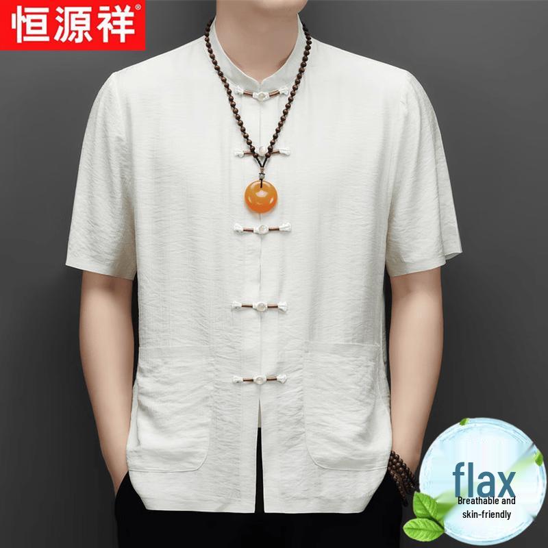 Hengyuanxiang Men's New Chinese Style Linen Blend Short-Sleeve Shirt