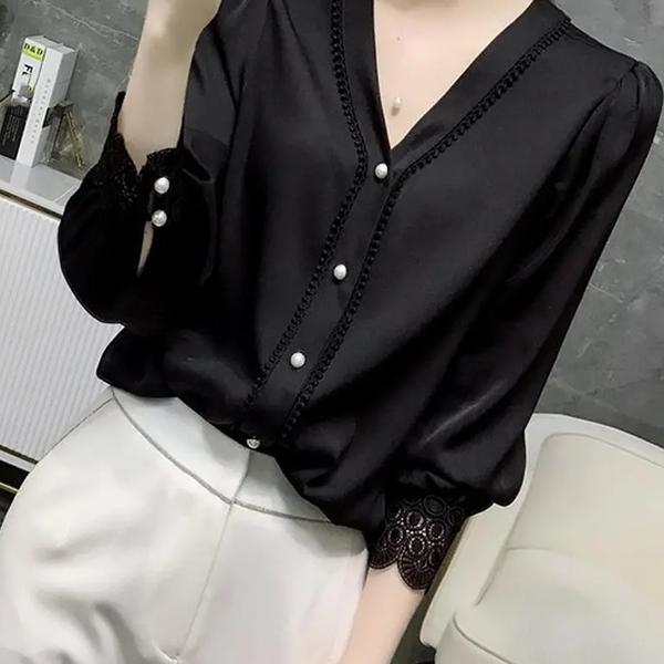 

WTEMPO Элегантные рубашки в стиле ретро с V-образным вырезом, повседневные топы больших размеров для женщин, весна-лето, однотонные шифоновые рубашки с длинным рукавом XXL чёрный