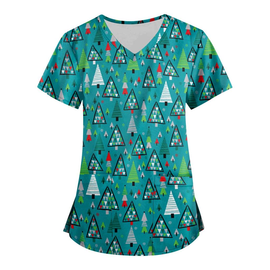 Women's Fashion V-neck Short Sleeve Workwear With Pockets Christmas Printed Tops