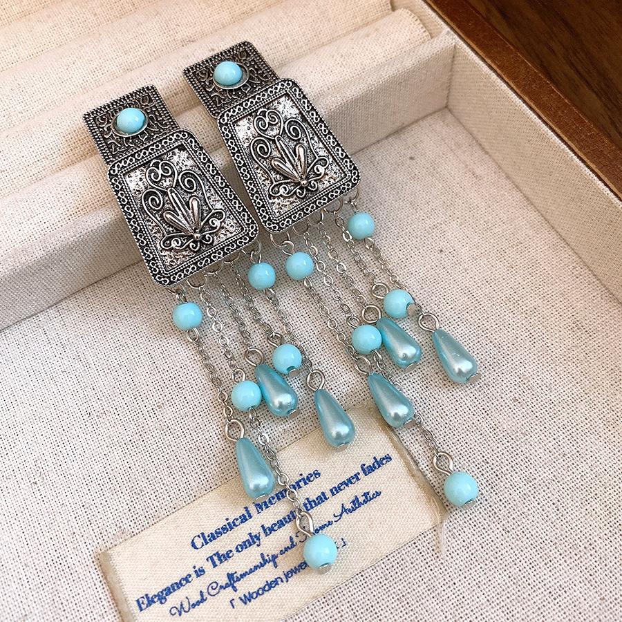 

Silver needle square printed acrylic fringed earrings ethnic style retro fashion stud earrings light luxury high-end earrings women
