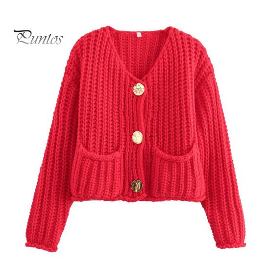 Knit Cropped Cardigan Sweater V-Neck Long Sleeve Buttons Down Loose Fit Sweater Coat with Pockets Solid Color Knitwear