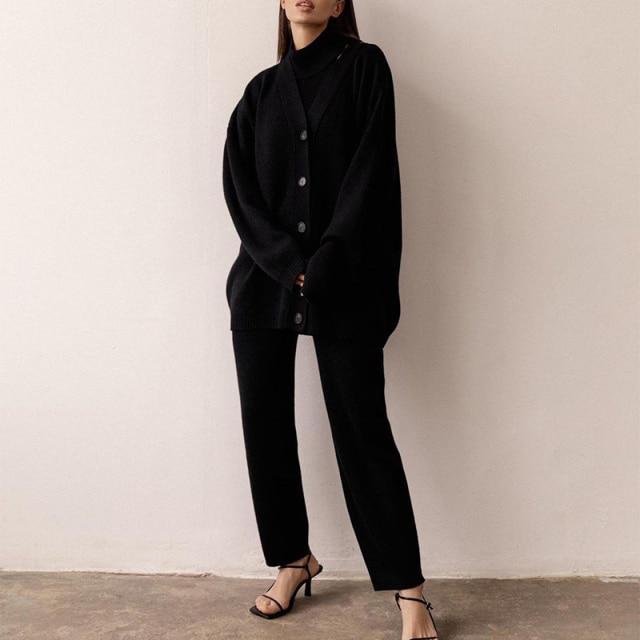 Knitted Solid Women Cardigans Sets Turtleneck Sleeveless Pullovers with Loose Pants Suit 2021 Winter Elegant Ladies Set 3 Pieces