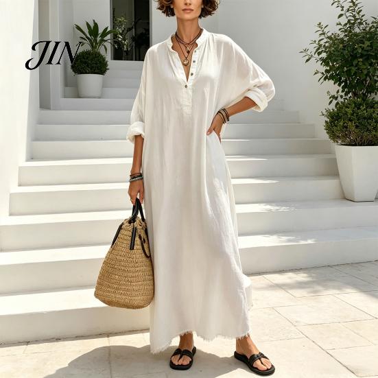 Women Summer Party Dress Maxi for Women, V-Neck Casual Oversized Boho Long Comfortable Daily Wear Dress, Sleeve Button Up Vacation Sundress