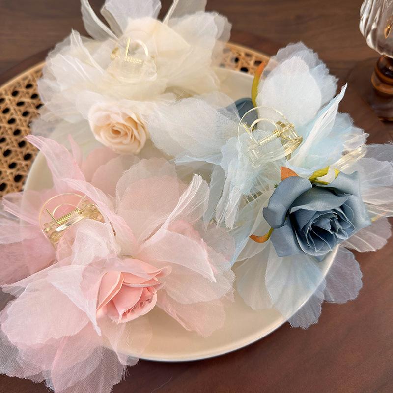 Super Fairy Flower Grab Clip New Mesh Rose Shark Clip Temperament Everything Hair Clip Headpiece