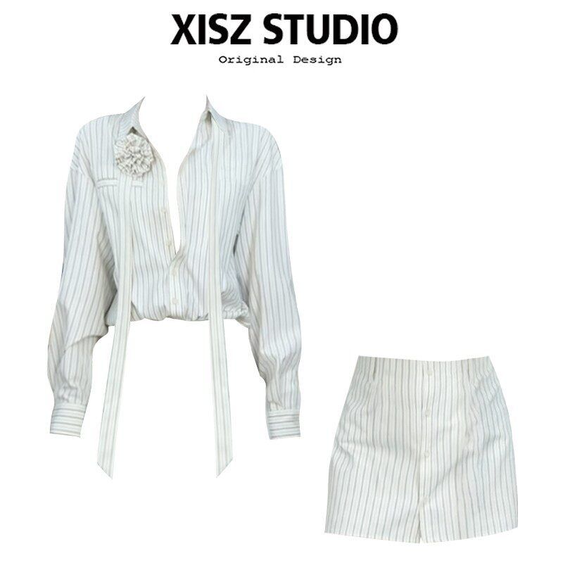 

Style Wear a Set of Vintage Stripe Streamer Long Sleeve Shirt Women s Early Autumn Easiest for Match Hip-Wrapped Pants Skirt Two-piece Set Fashion Striped Shirt + Culottes [High Quality] S