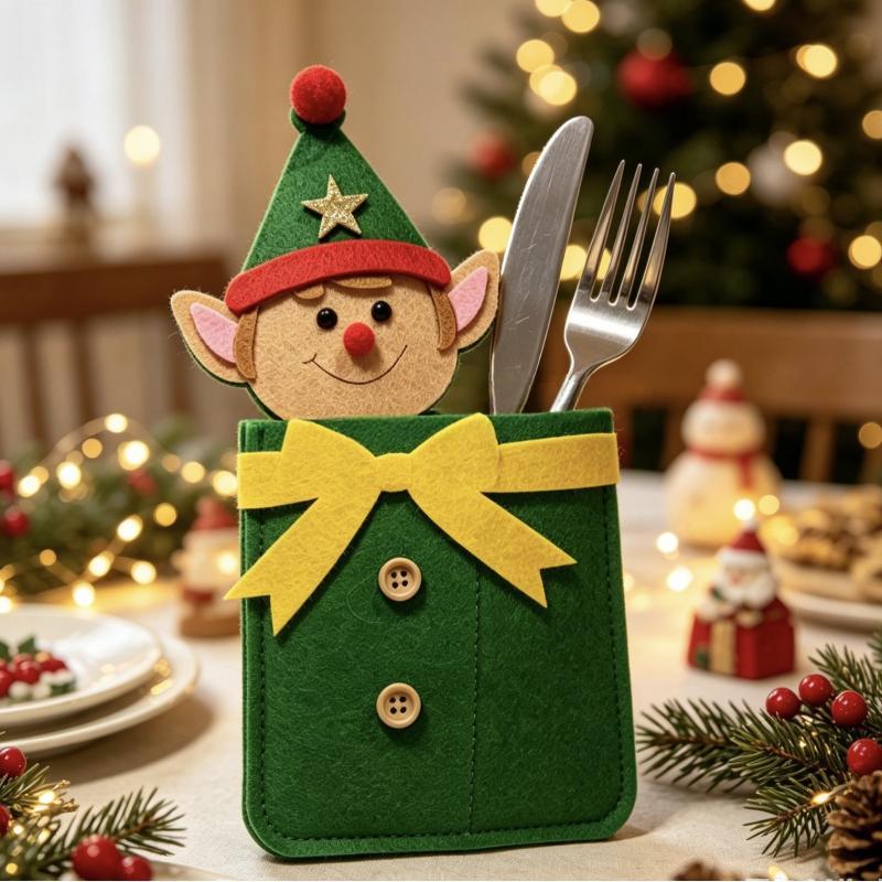 Weihnachtliche Besteckhalter mit niedlichen Cartoon-Tierdesigns für den festlichen Esstisch
