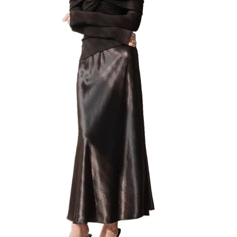 Women's Autumn Satin Half Skirt Silky Drapey Long Umbrella Skirt A-Line Premium Bodycon Mermaid Skirt