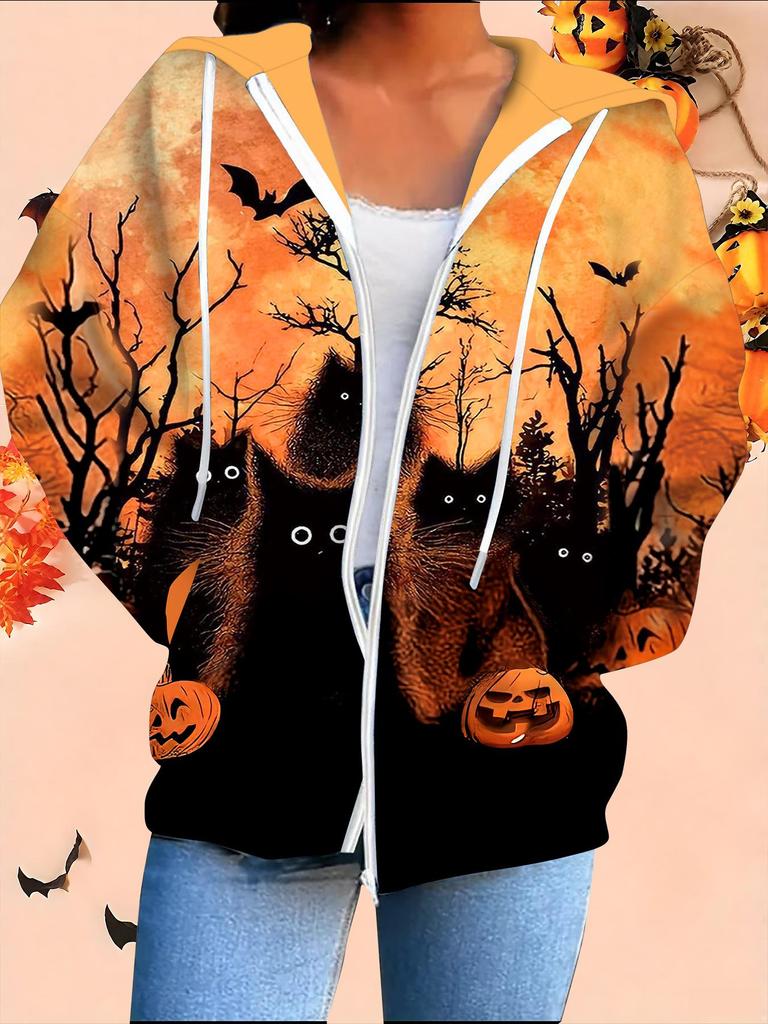 Halloween 3D Printed Hooded Cardigan Plus Size Autumn Winter Retro