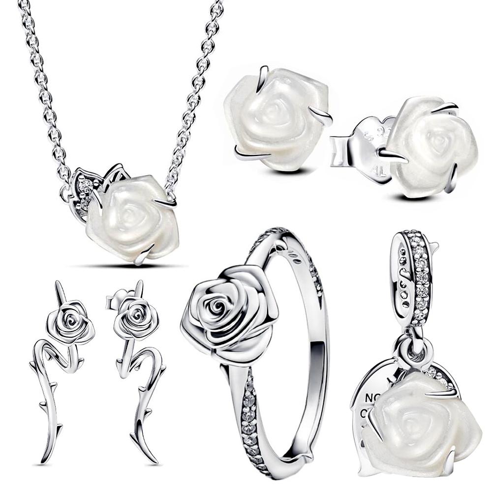 

S925 Серебро Белая Роза в Цветущем Коллекция Подходит Оригинальный Шарм Ожерелье Кольцо Серьги Для Женщин Ювелирные Изделия Подарок