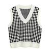 Women Fashion Oversized Houndstooth Plaid Knitted Vest Sweater Vintage Sleeveless Side Vents Female Waistcoat Chic Tops