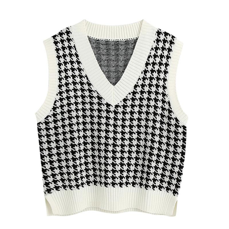 Women Fashion Oversized Houndstooth Plaid Knitted Vest Sweater Vintage Sleeveless Side Vents Female Waistcoat Chic Tops
