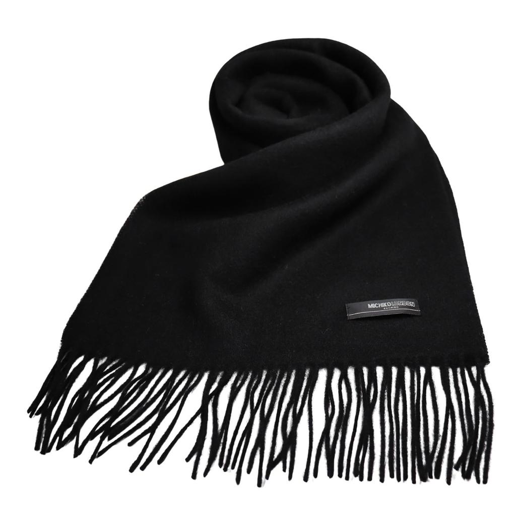Michiko London Inner Mongolia Wool 168cm x Solid Black Scarf, Gift, Size Approx. 31cm, Tassel Approx. 8cm, MKM-001-A,