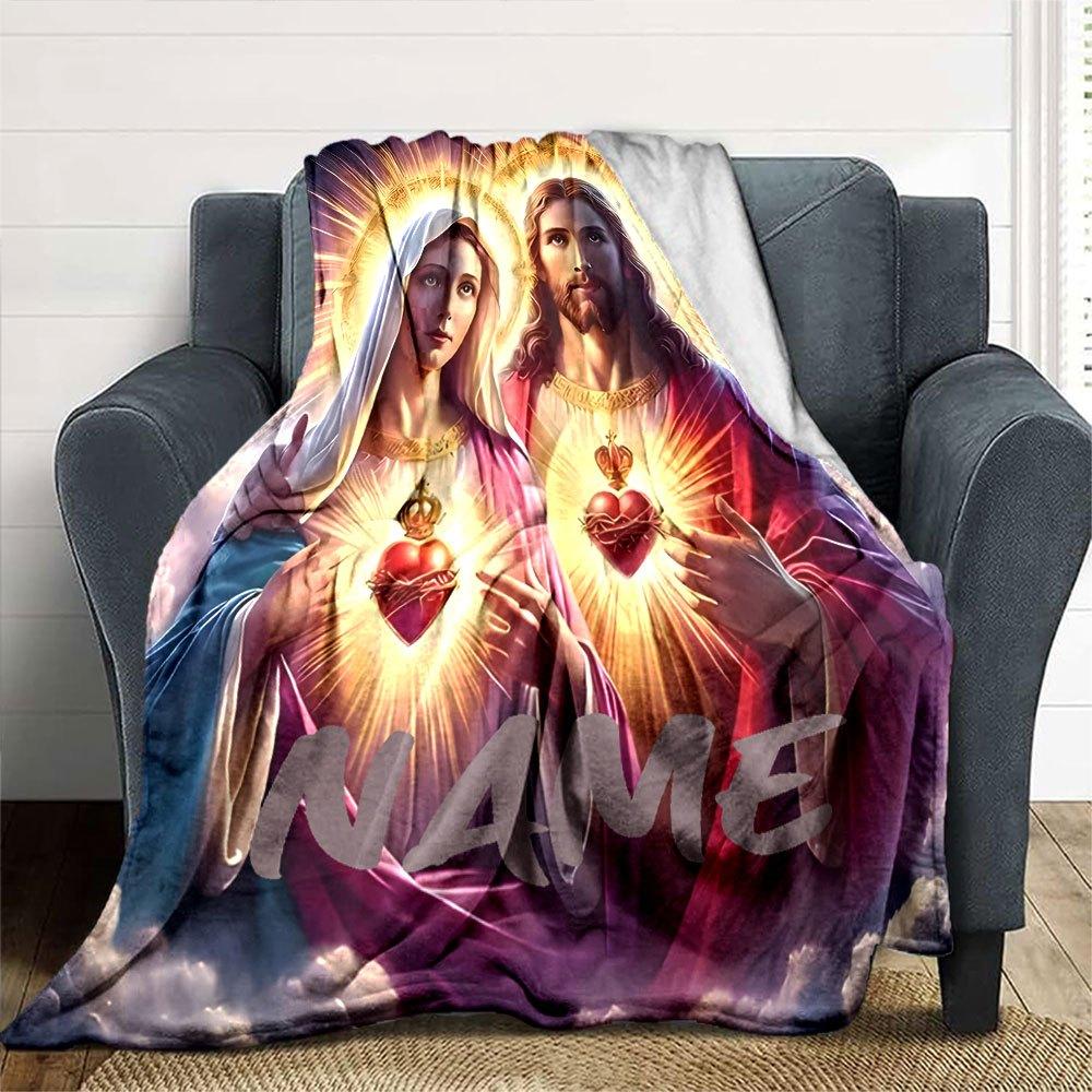 Sacred Heart Of Jesus And Mary Home Customize Your Name Blankets Soft And Cozy Lightweight For All Seasons Perfect For Picnics Sofa Office Bed Living