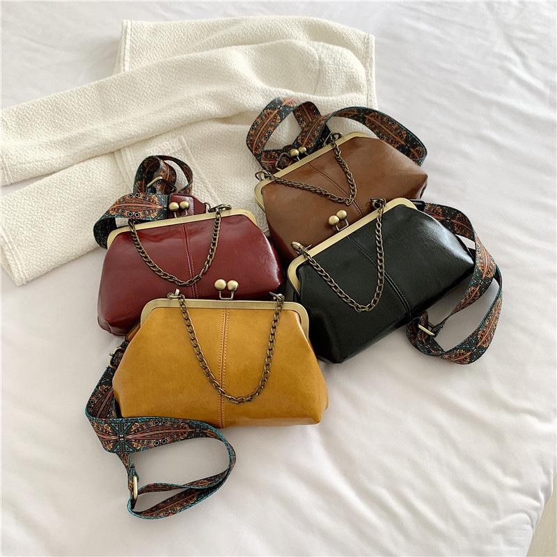 Wide Strap Vintage Fashion PU Leather Bag Women's Handbags Chain Tote Bags Women Shoulder Crossbody Messenger Bags