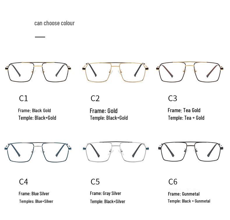 Men's Retro Anti-Blue Light Photochromic Glasses with Double Bridge Metal Frame, Suitable for Prescription Lenses