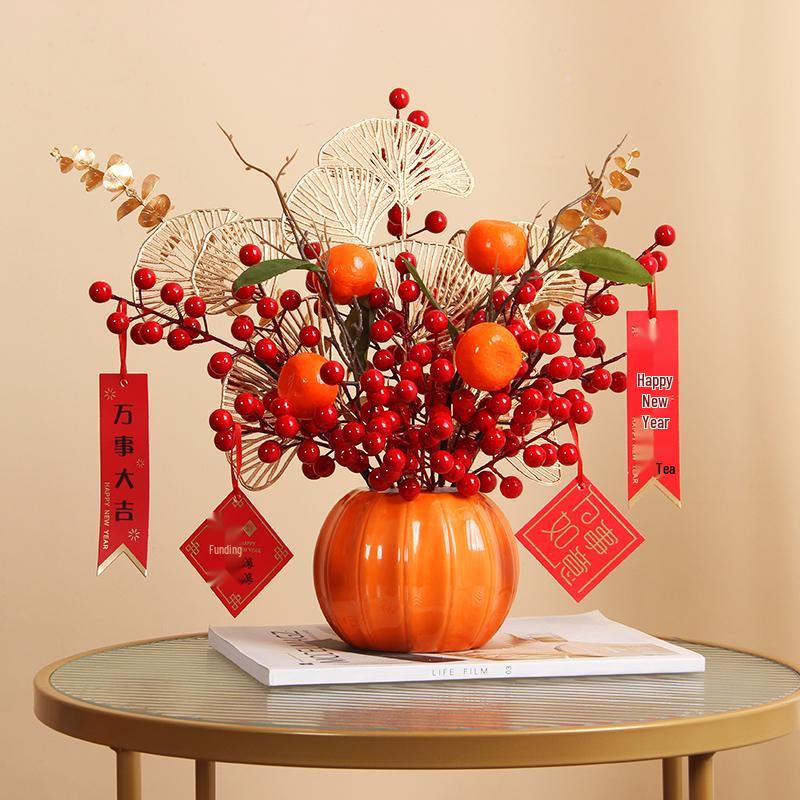 Luxurious Chinese-Style Pomegranate Fruit Arrangement: Faux Red Berries & Flowers for Living Room or Restaurant Decor