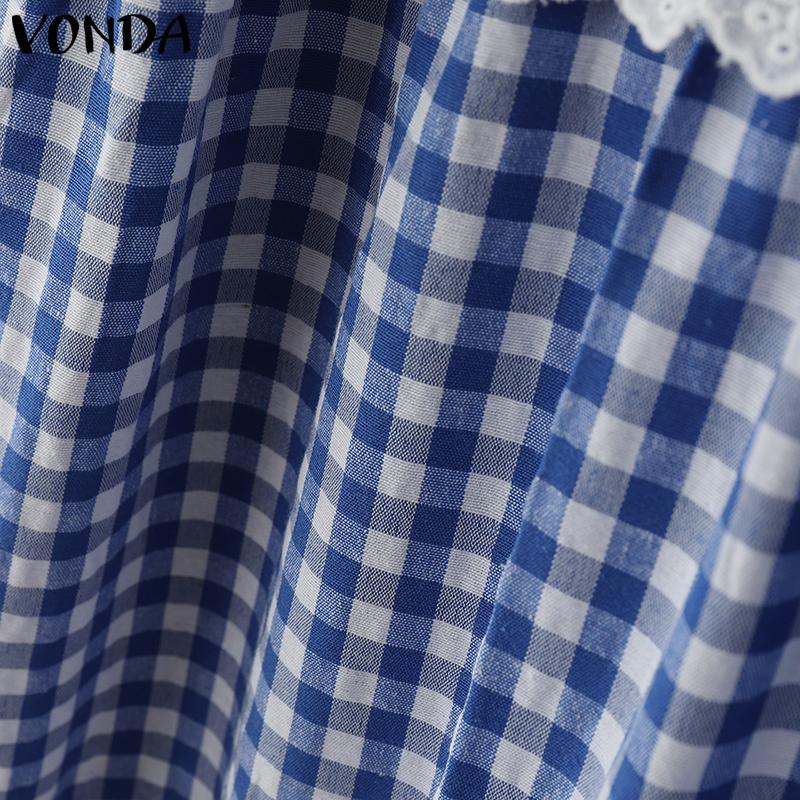 VONDA Rochie Maxi Casual Plisată cu Rever Croșetat pentru Femei, cu Imprimeu Carouri