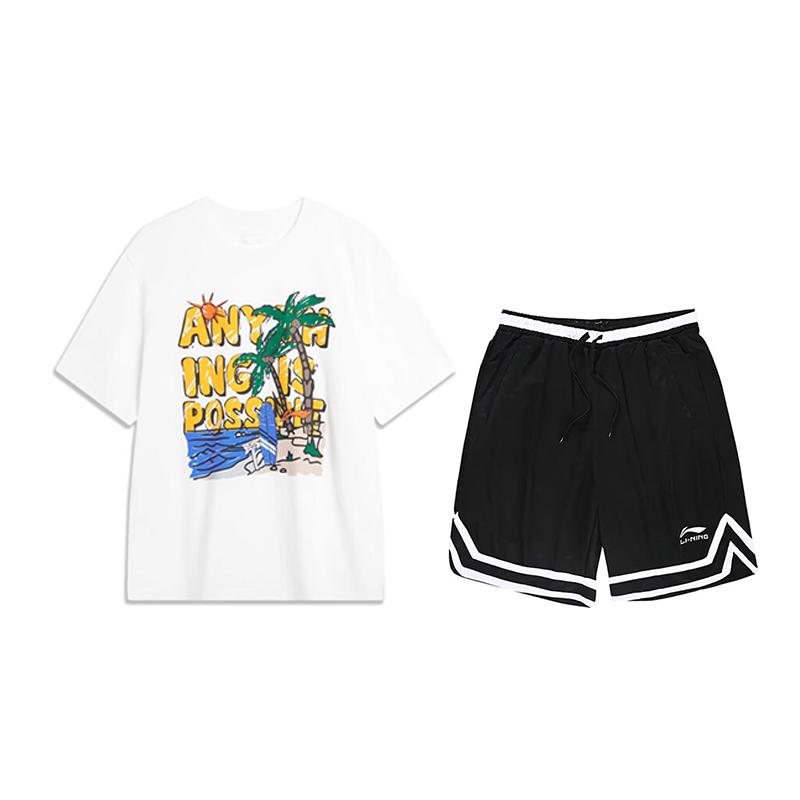 Li-Ning Printed Letter Short Sleeve T-Shirt Comfortable Versatile Shorts Casual Sports Suit Unisex Sportswear AHSU707-2+YAPV001-1