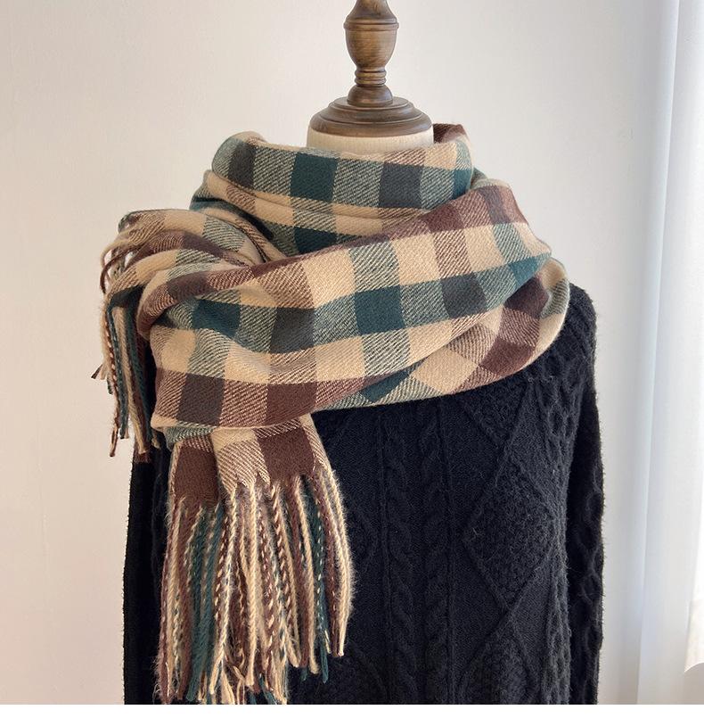Winter Plaid Scarf for Women Warm Checkered Shawl Soft Imitation Cashmere Neck Warmer Thick Student Wrap Cold Weather