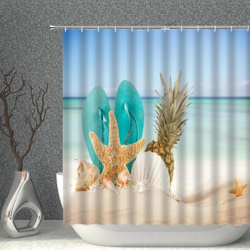 Starfish Shower Curtain Set Starfishs Shells Seascape Ocean Bath Curtains Waterproof Fabric White Blue Bathroom Screen Decor