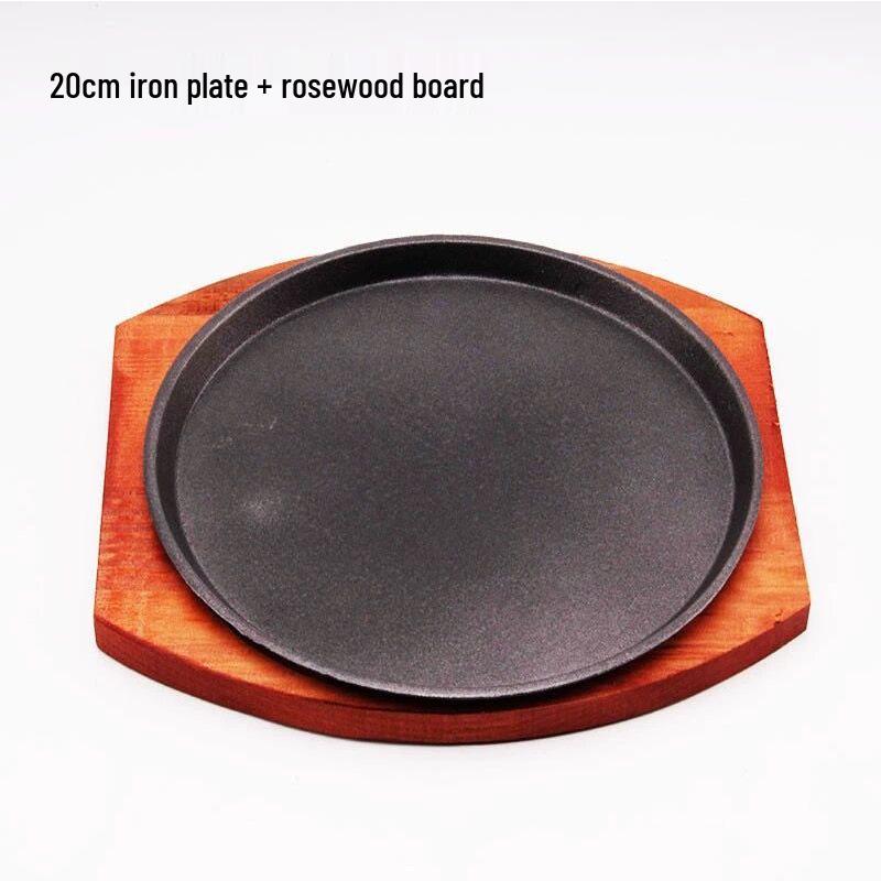 Non-stick Round Cast Iron Steak Teppanyaki Grill Pan with Thickened Bamboo Wood Base