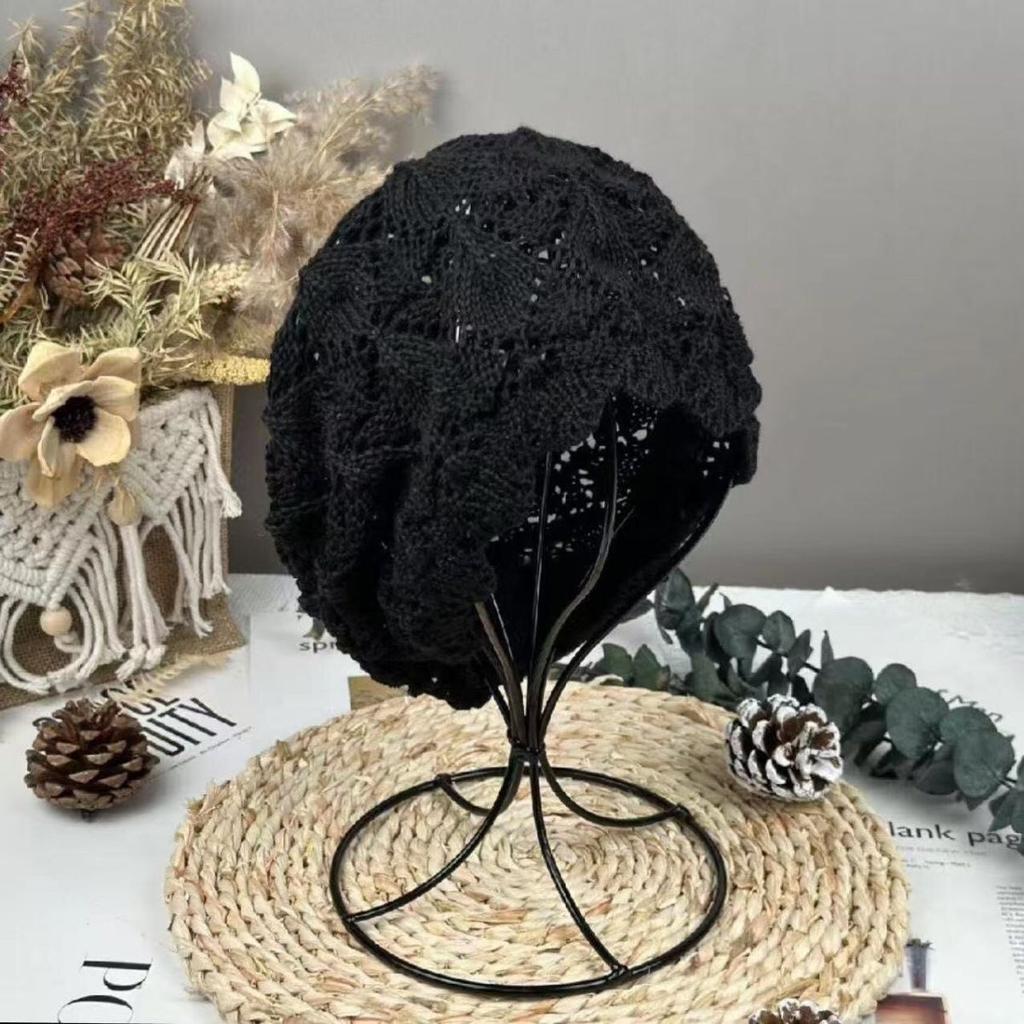 Women's Fashion Hollow Spring and Summer Hat Breathable Lace Thin Headscarf Knitted Slouchy Head Hat Hair Covering Hat