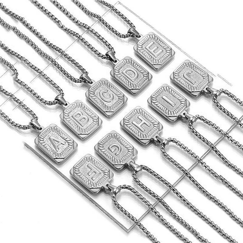 18K Gold Square Stainless Steel Letter Pendant Men's Necklace with Titanium Steel Uppercase Alphabet.
