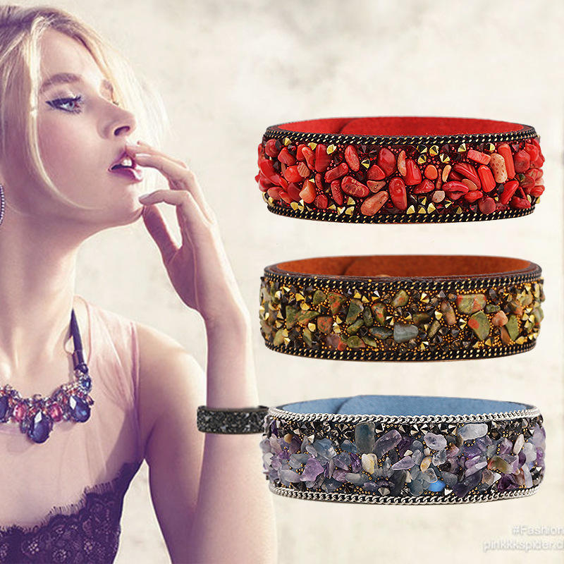 JMXD Suede Microfiber Leather Bracelet Crystal Stone Bangle Colorful Beaded Hand Chain Fashion Women Model Accessory Trendy Statement Jewelry