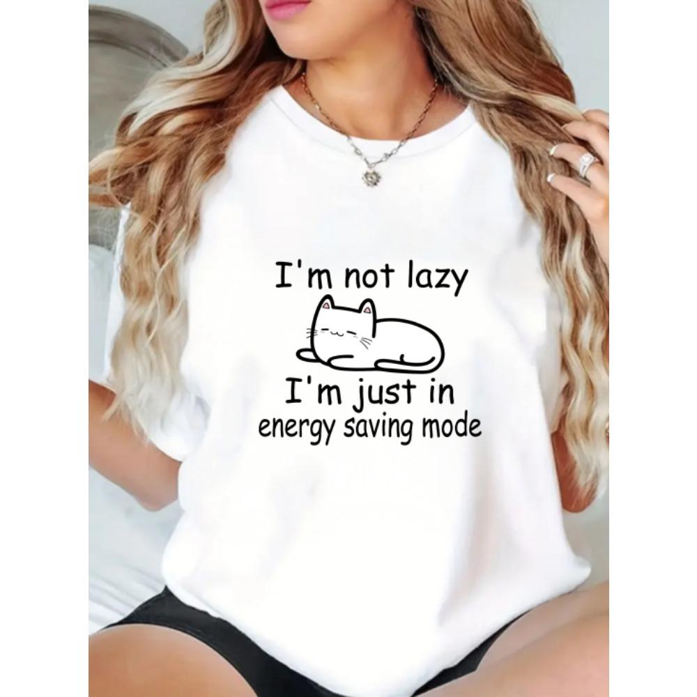 Funny Lazy Cat I m Not Lazy I m Just Short-sleeved T-shirt Korean Style Versatile Top Unisex Cute Cat Lover Graphic Casual Tee S