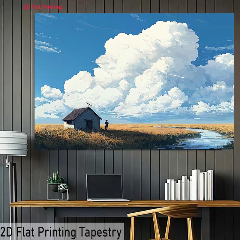 

2D Serene Prairie Cabin & Cloud Tapestry, Countryside Nature Landscape Wall Art for Home Aesthetic 47.2x31.5inch/120*80cm