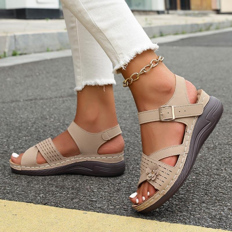 Summer New Women's Wedge Sandals Floral Flat Open-Toe Sandals with Buckle Straps for Outdoor Wear