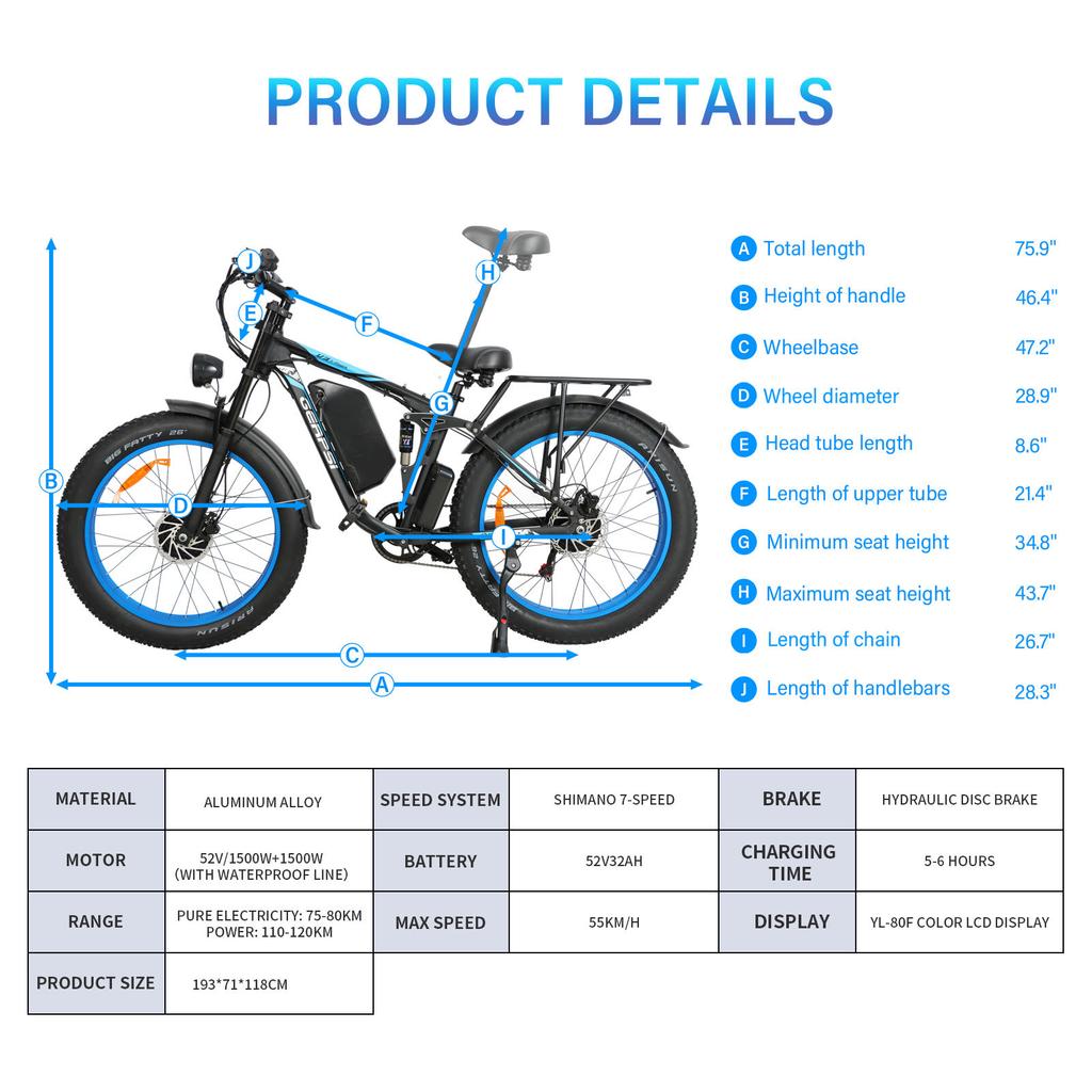 DP-2603 New 3000W Dual Motor Electric Bicycle 52V 32AH Removable Battery 26-inch Fat Tire Full Suspension Off-road Bicycle