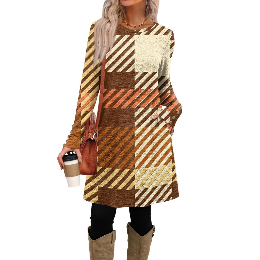 Damenmode Freizeitkleid mit Taschen, dekorativen Knöpfen, Rundhalsausschnitt und langen Ärmeln