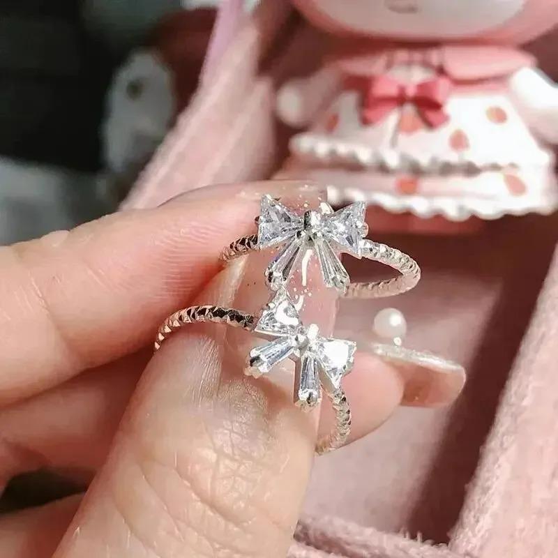 Lovely Bowknot Y2K Rings for Women Fashion Zircon Flower Rings Adjustable Exquisite Rings Design Wedding Party Jewelry Gifts