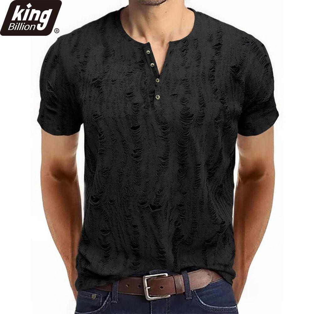 Men's Short-sleeved T-shirt Broken Holes Retro Men's Fashion Henley Shirt Men's Casual Fashion Tops Slim Fit