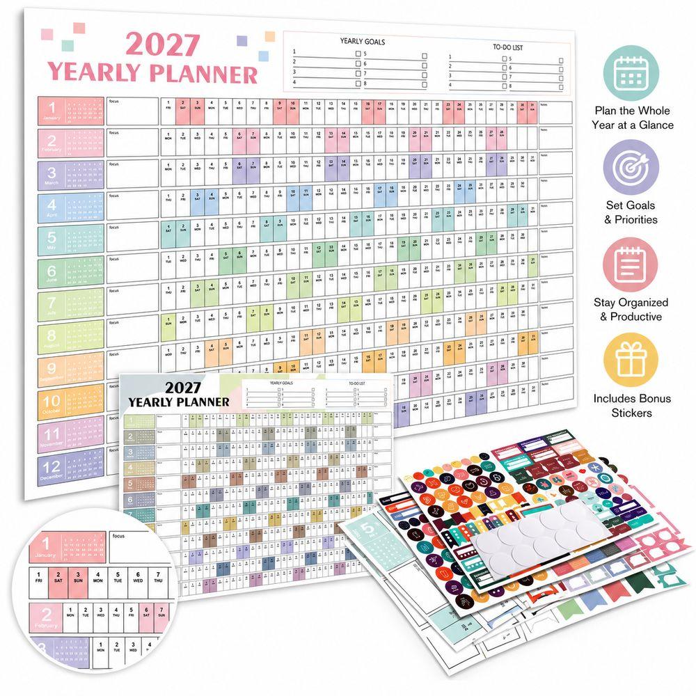 Layout Multicolore Planner Annuale 2027 Calendario Cartaceo Foglio Pianificatore Pianificazione Ufficio Domestico