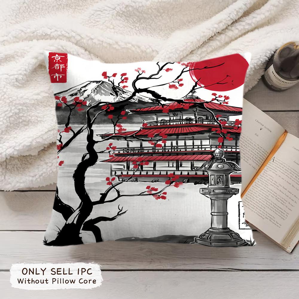 Japanese Pagoda Landscape Cushion Cover Soft Short Plush Pillow Cover Smooth Cozy Texture Aesthetic Cushion Case Home Decor