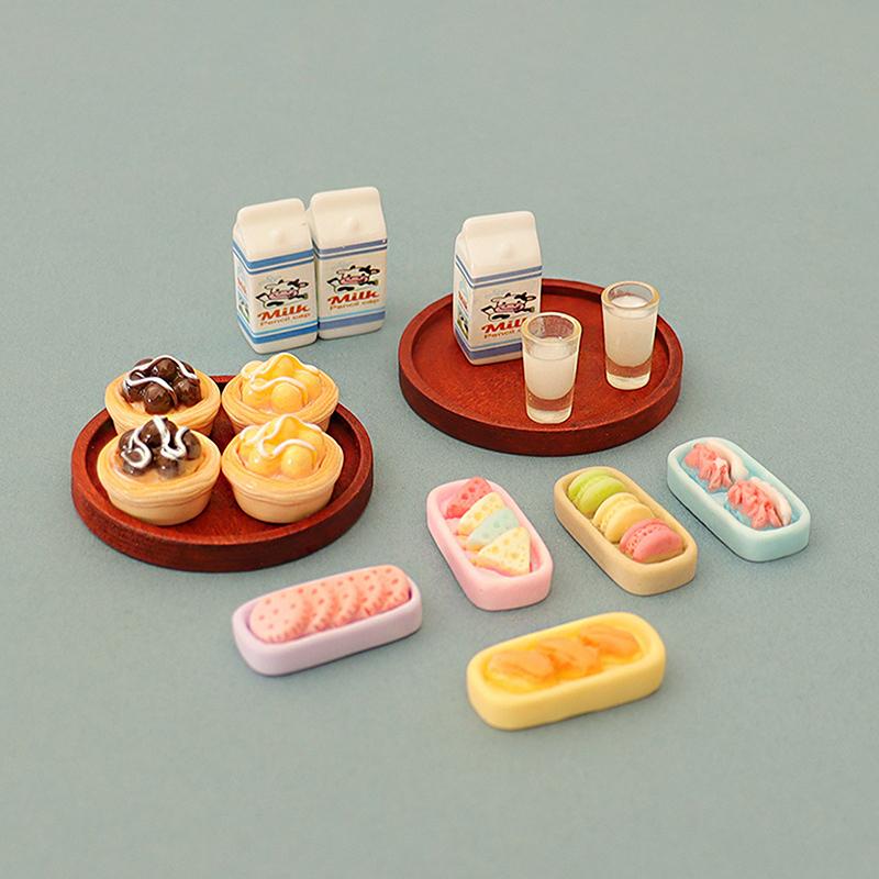 5Pcs 1:12 Dollhouse Miniature Simulation Milk Model Egg Tart Biscuit Ornament Set Diy Decor Toy Scene Meal Plate Accessories